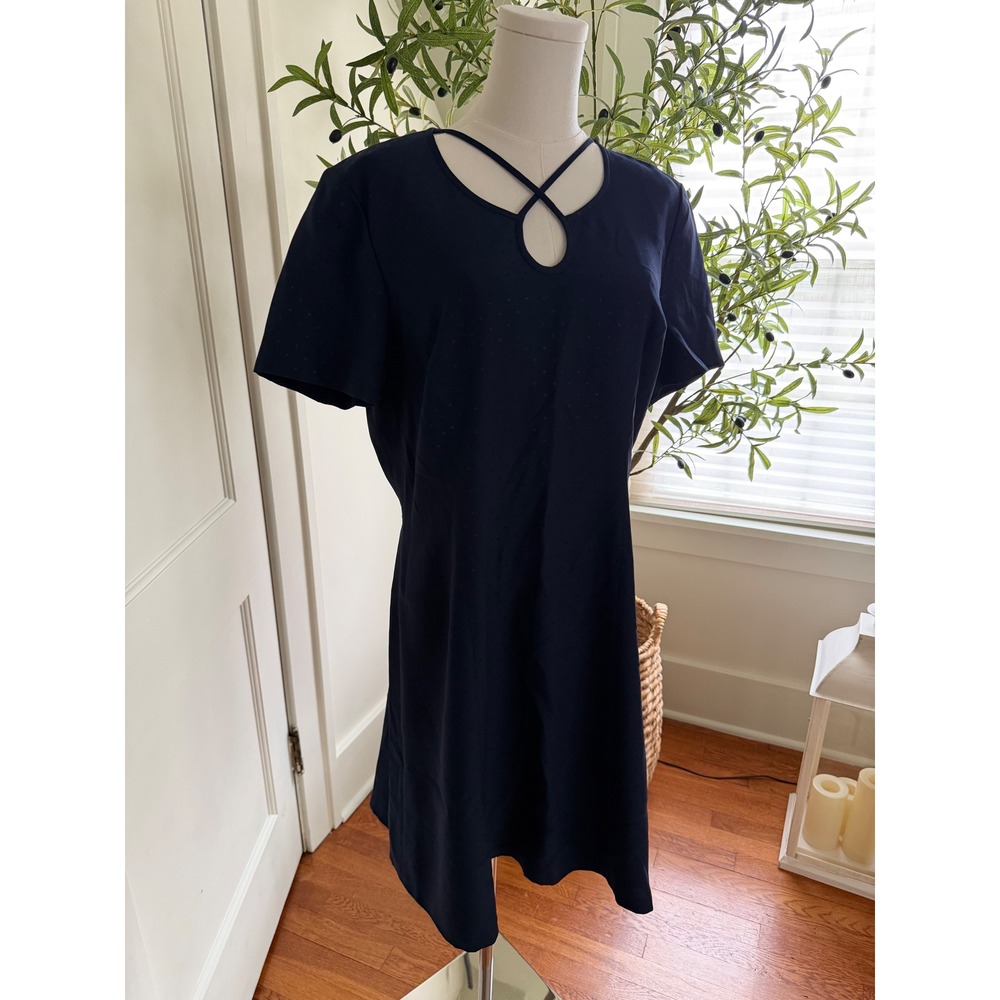 Liz Claiborne Petite Navy Blue Jacquard Polka Dot Keyhole Shift Dress 14P - Picture 1 of 10